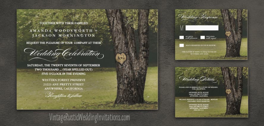 Country rustic carved oak tree wedding invitations set.
