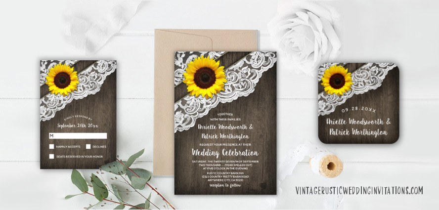 Sunflower Barn Wood and Lace Wedding Invitations