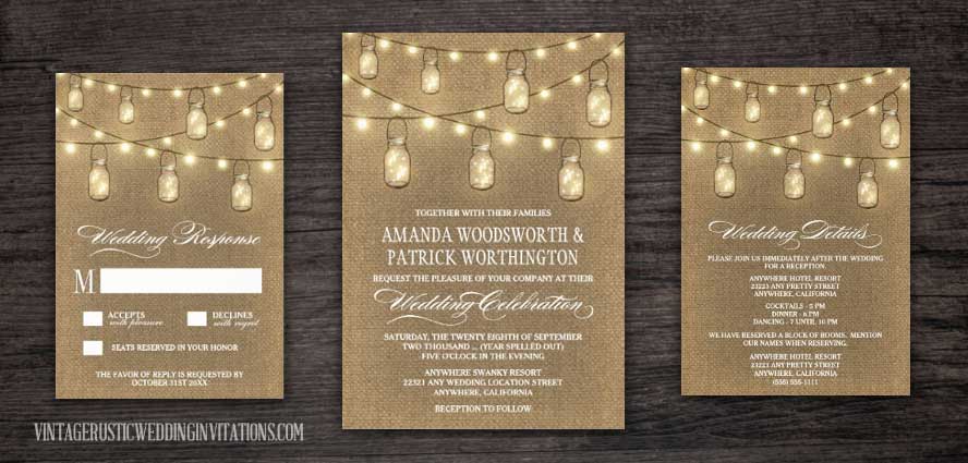Mason jar wedding invitations with burlap and string lights