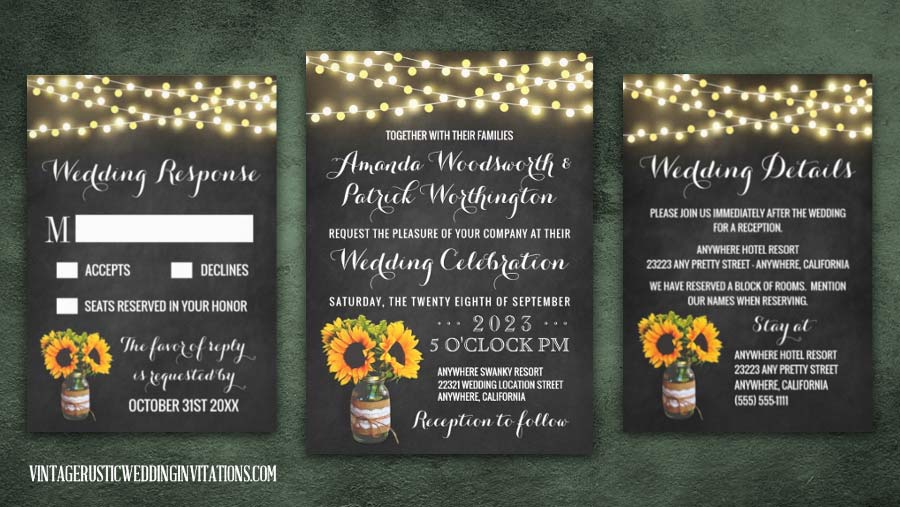 Chalkboard wedding invitations with burlap and lace mason jar set.