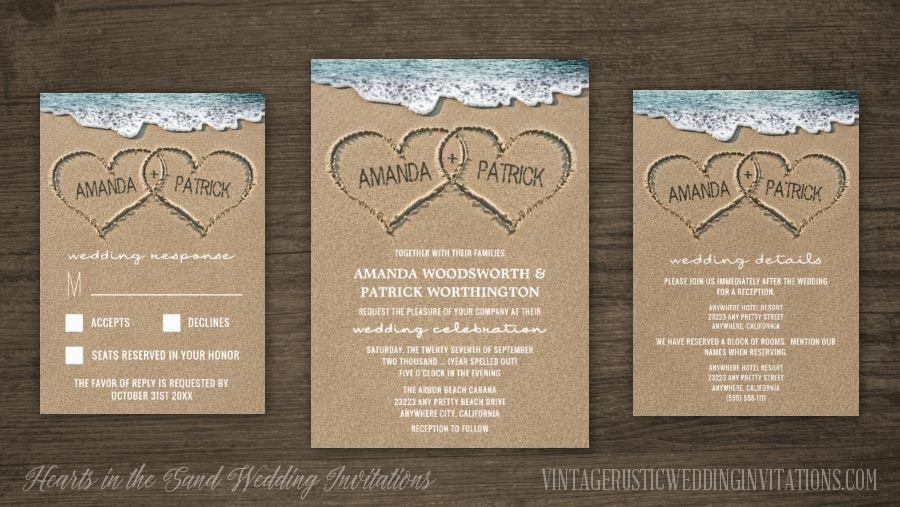 Hearts in the sand beach wedding invitations set