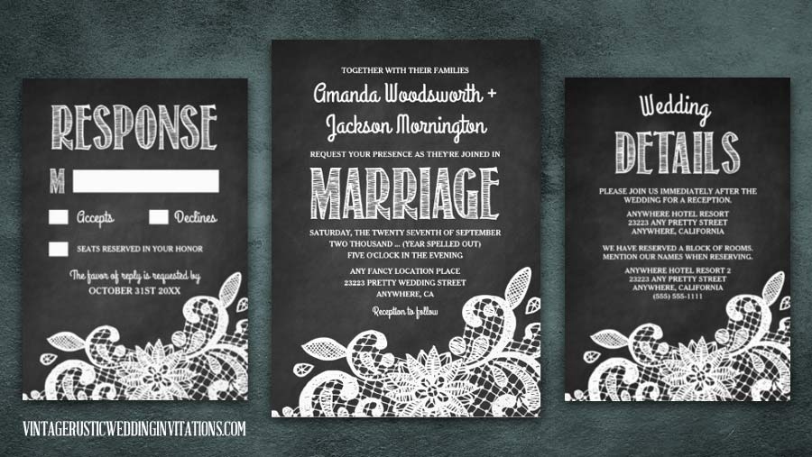 Chalkboard and lace wedding invitations set.