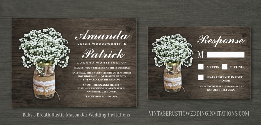 Baby's breath wedding invitations with a mason jar decorated with burlap lace and twine